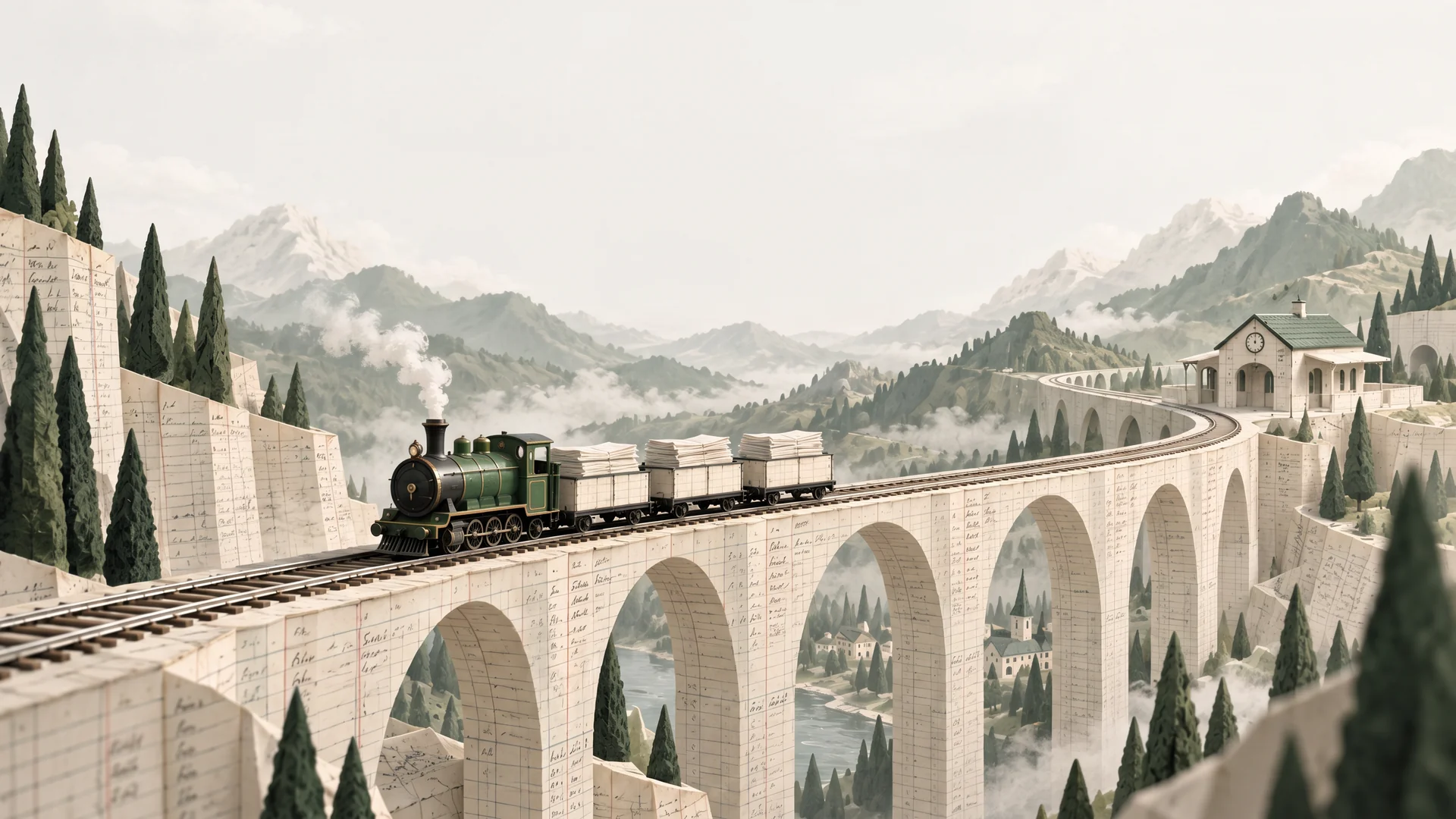 A forest-green steam locomotive rests on a viaduct made of ledger paper, surrounded by mountains and soft clouds.